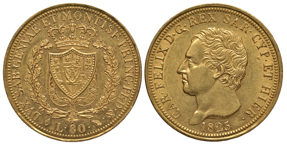 Сардиния 80 лир 1825 l, Карл Феликс (1821-1831) KM 108.1 золото aUNC 00-000-00