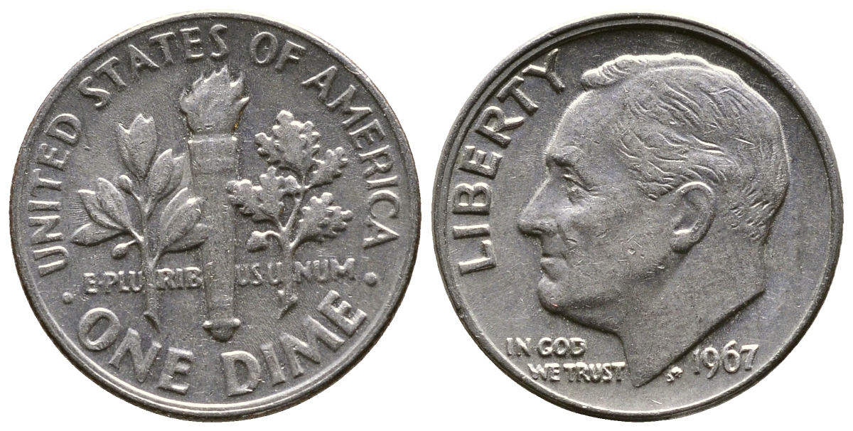 США 10 центов (дайм) 1967 Рузвельт KM 195а медь плакированная медно-никелем 08-1422