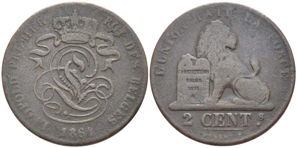 БЕЛЬГИЯ 2 САНТИМА 1864 BELGES KM 4.2 медь 110-542