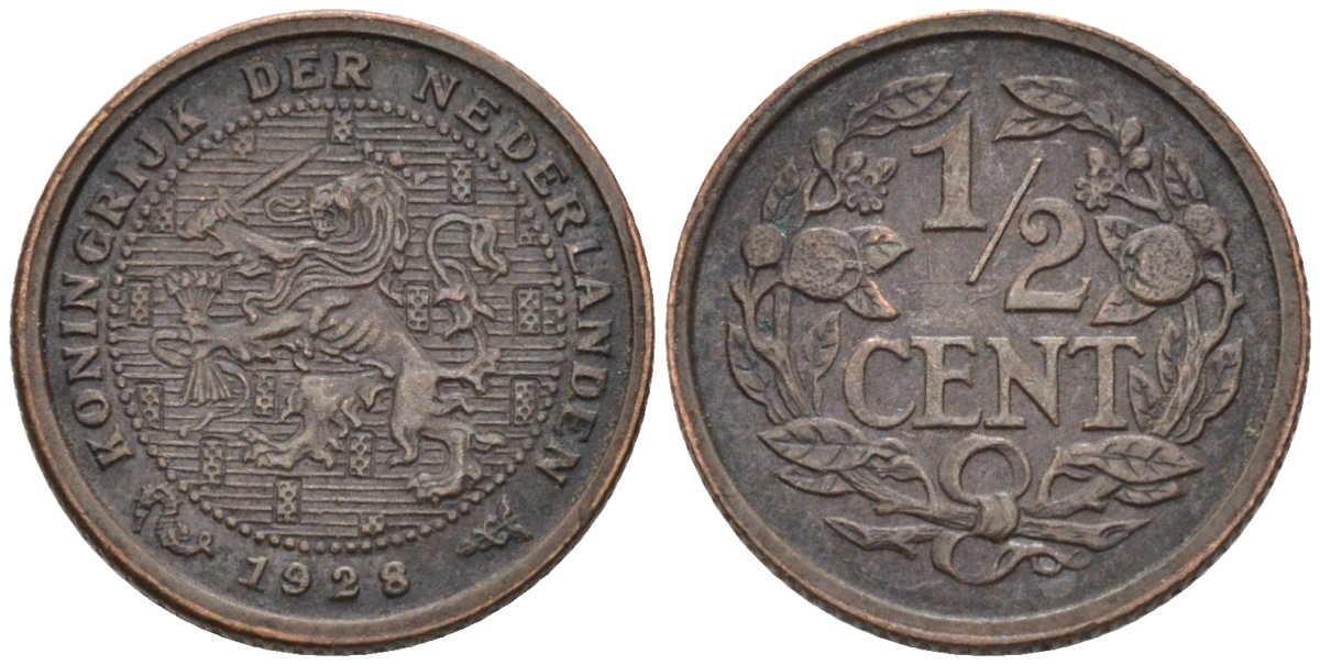 Нидерланды 1/2 цента 1928 Вильгельмина (1890-1948) KM 138 бронза 4576-467