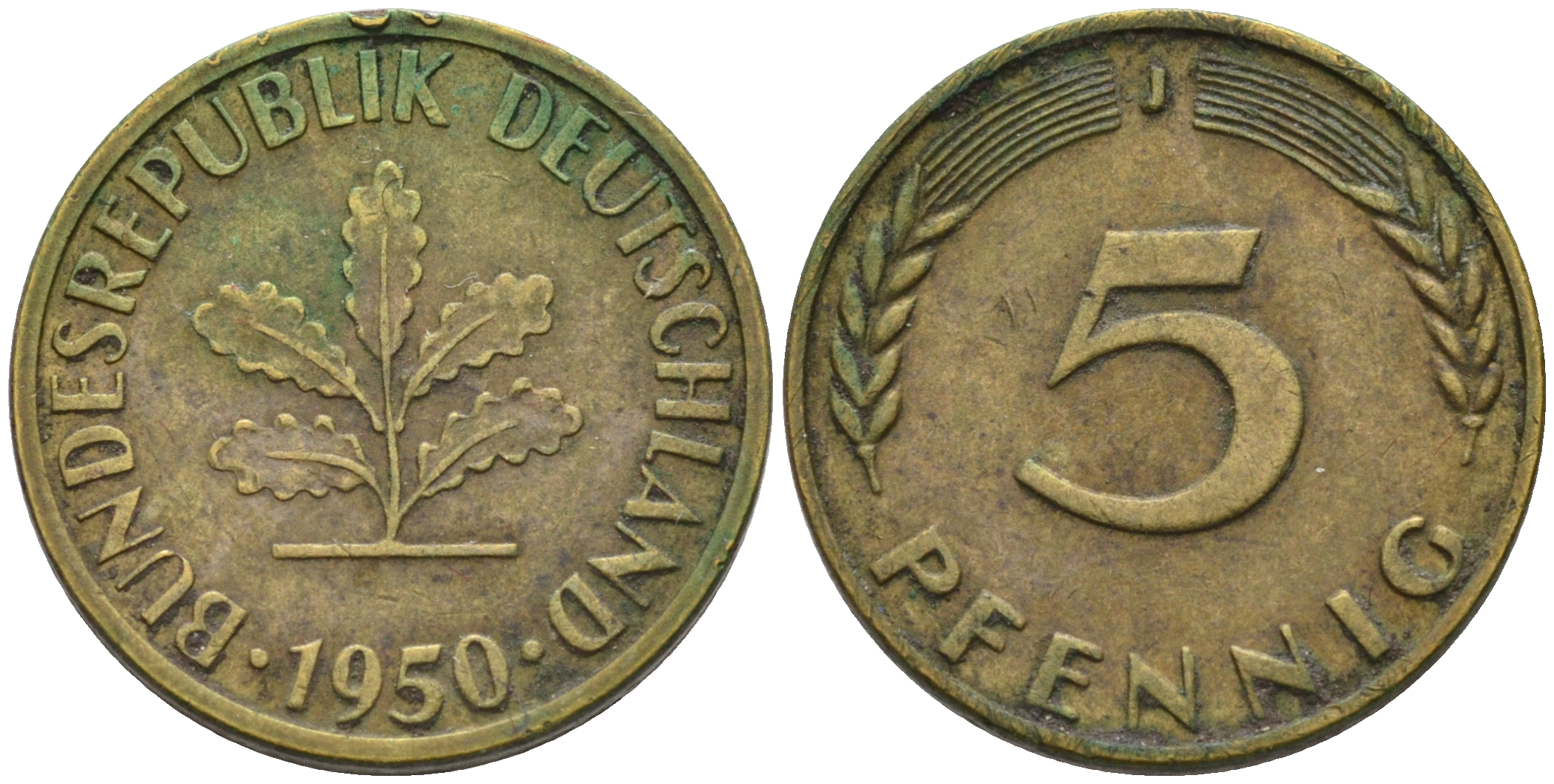 ФРГ 5 ПФЕННИГОВ 1950 J KM 107, J.382 сталь плакированная латунью 75-457