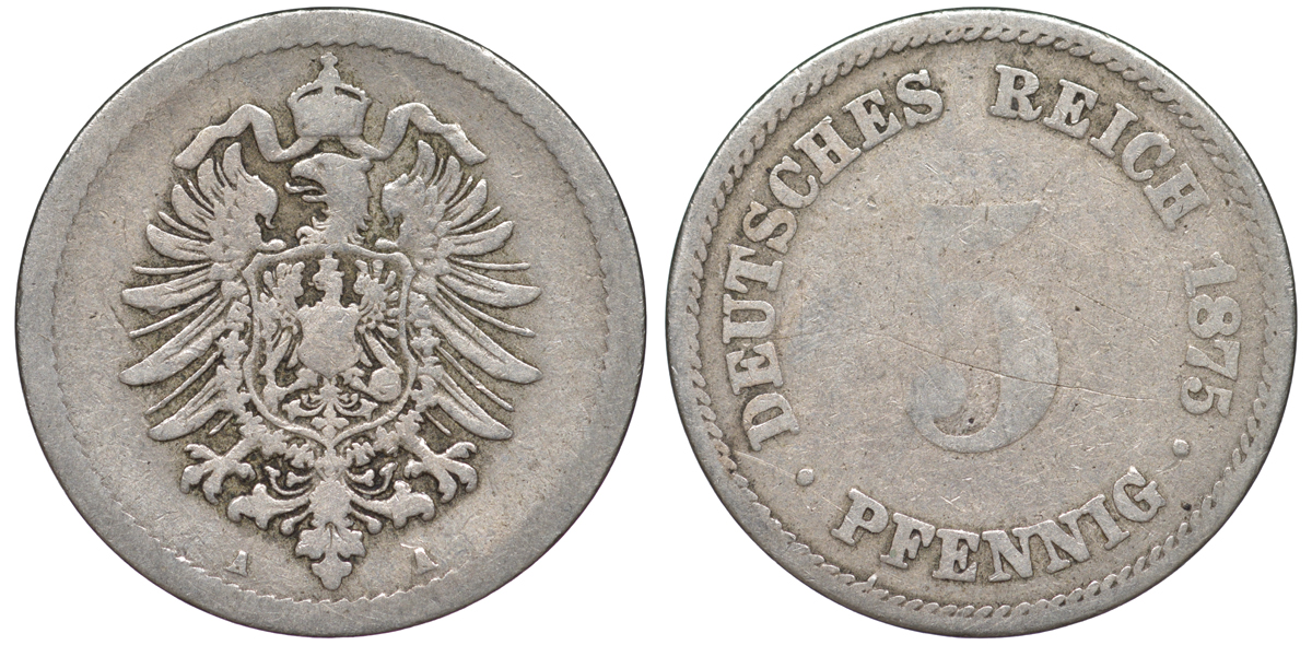 ГЕРМАНИЯ 5 ПФЕННИГОВ 1875 A, СТАРОГЕРБОВКА KM 3, J.3 медно-никель 45-443