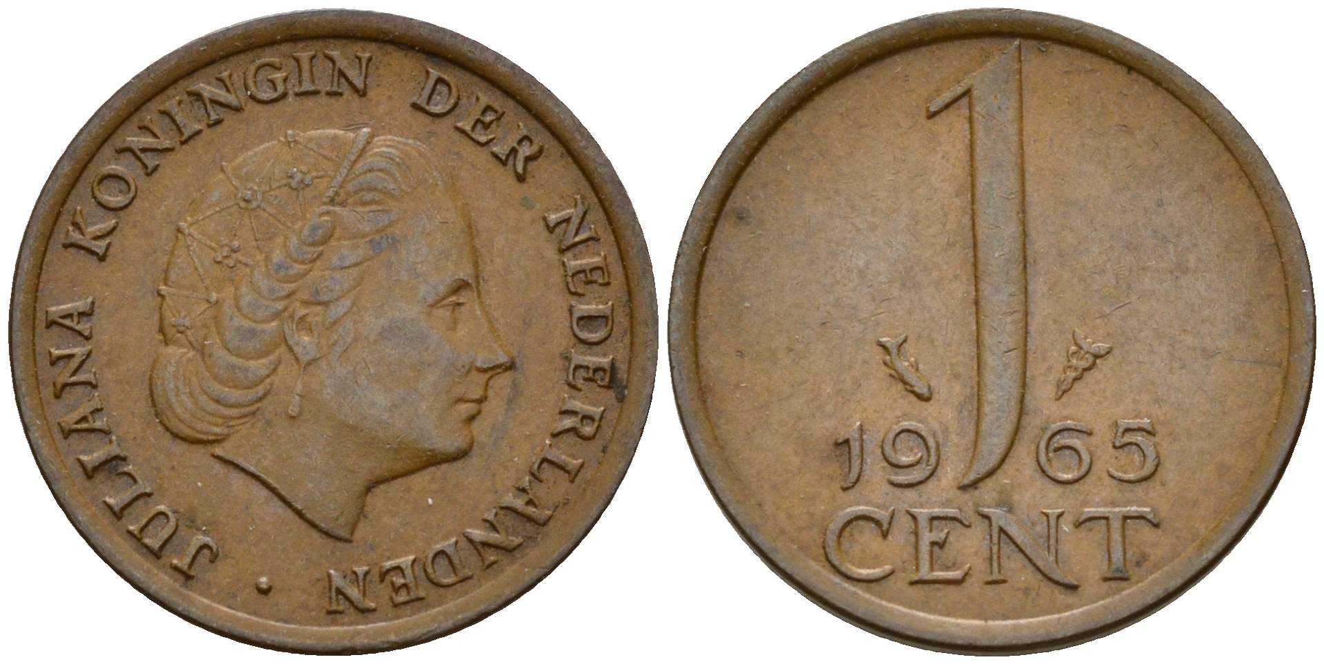 Нидерланды 1 цент 1965 Юлиана (1949-1980) KM 180 бронза    4598-238