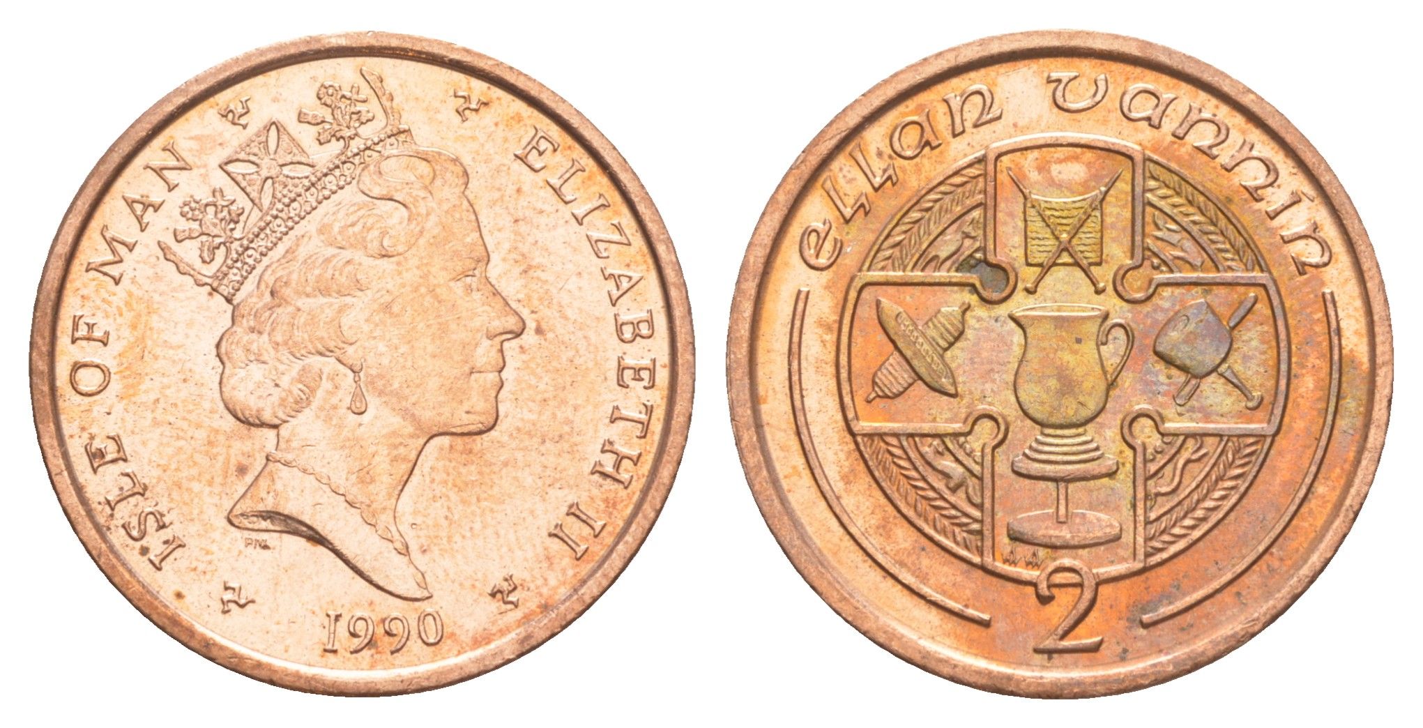 Остров Мэн 2 пенса 1990 Елизавета II (1952-2022) KM 208 бронза UNC 4648-212
