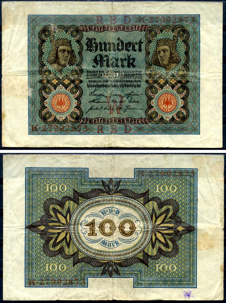 Германия 100 марок 1920 Бамбергский всадник, 8 цифр в номере, серия K, буква W Pick 69 b, Розенберг 69b бумага 8617-42-1-1