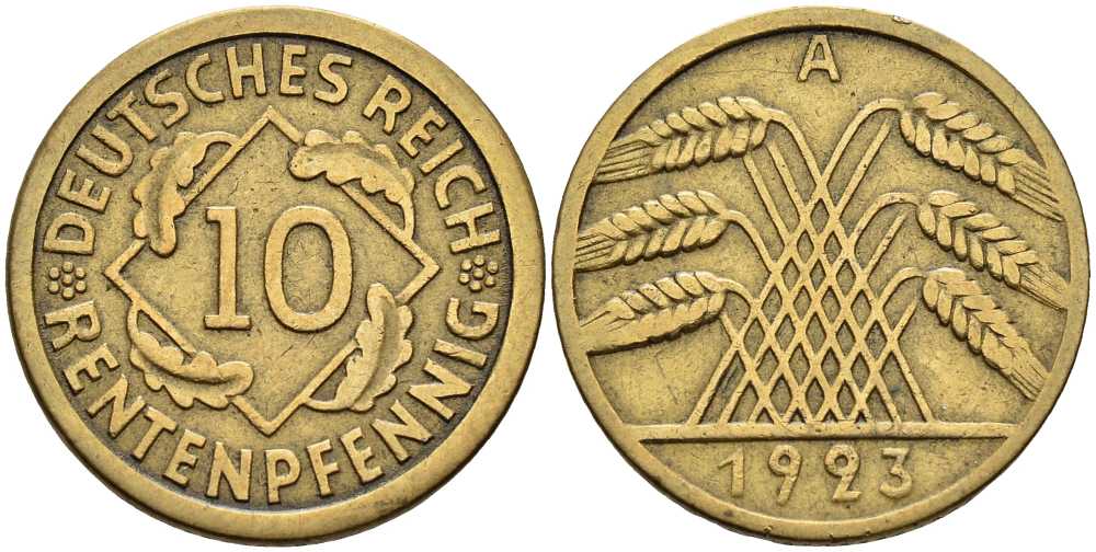 ГЕРМАНИЯ 10 РЕНТЕНПФЕННИГОВ 1923 А KM 33, J. 309 алюминиевая бронза 4401-342