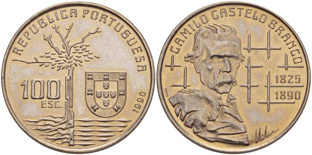 Португалия 100 эскудо 1990 100 лет со дня смерти Камилу Каштелу Бранку KM 656 медно-никель  UNC   4184-1013