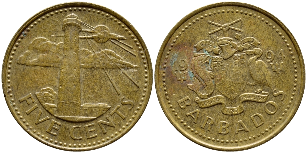 Барбадос 5 центов 1994 маяк Саут-Пойнт KM 11 латунь 4398-546