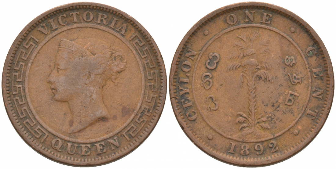 ЦЕЙЛОН 1 ЦЕНТ 1892 ВИКТОРИЯ KM 92 медь 68-714