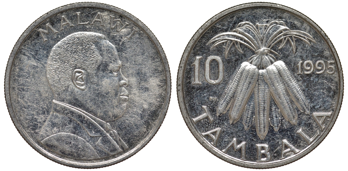 Малави 10 тамбала 1995 кукуруза KM 27 никелированная сталь 4163-1147