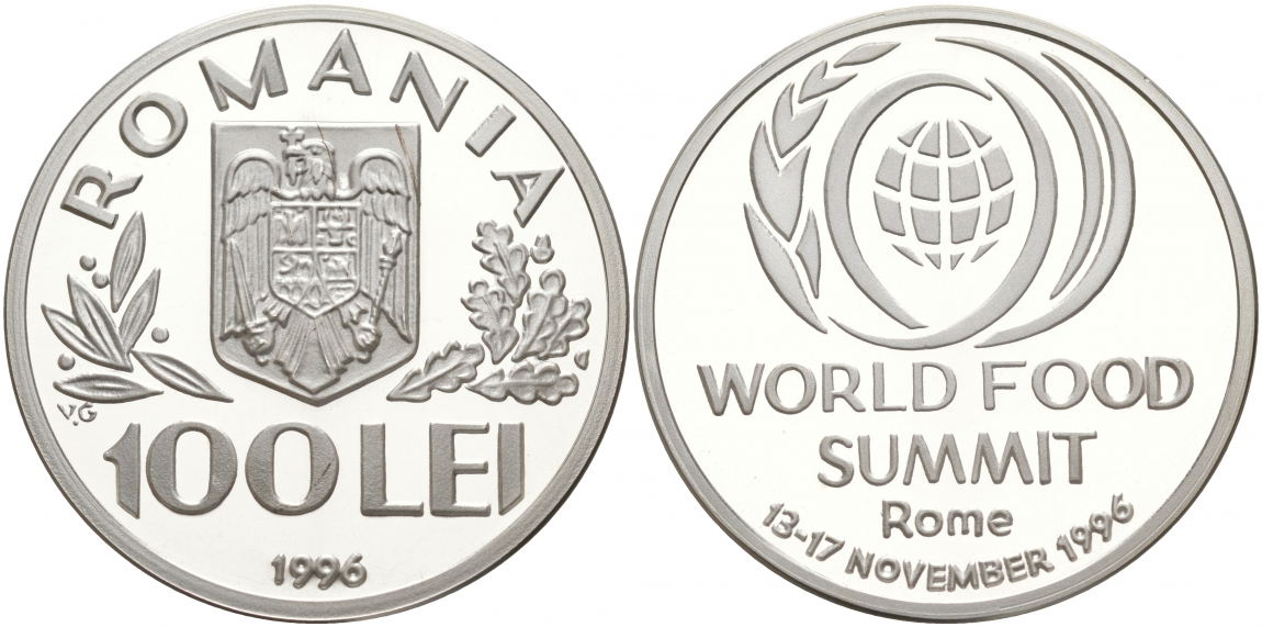Румыния 100 леев 1996 FAO, мировой саммит продовольствия в Риме ​KM 133 серебро PROOF 1091-2-12
