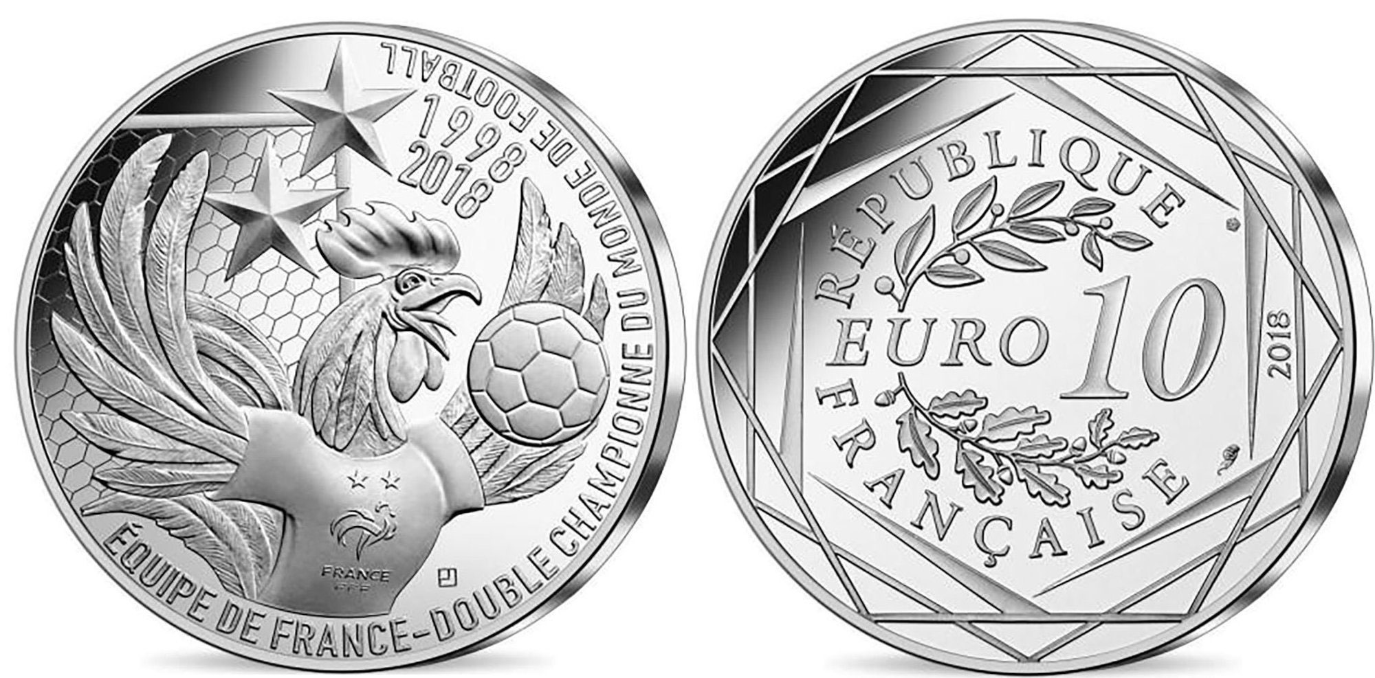 Франция 10 евро 2018 Франция дважды чемпион мира по футболу, оригинальный буклет KM NEW серебро  UNC  8-1-01-30