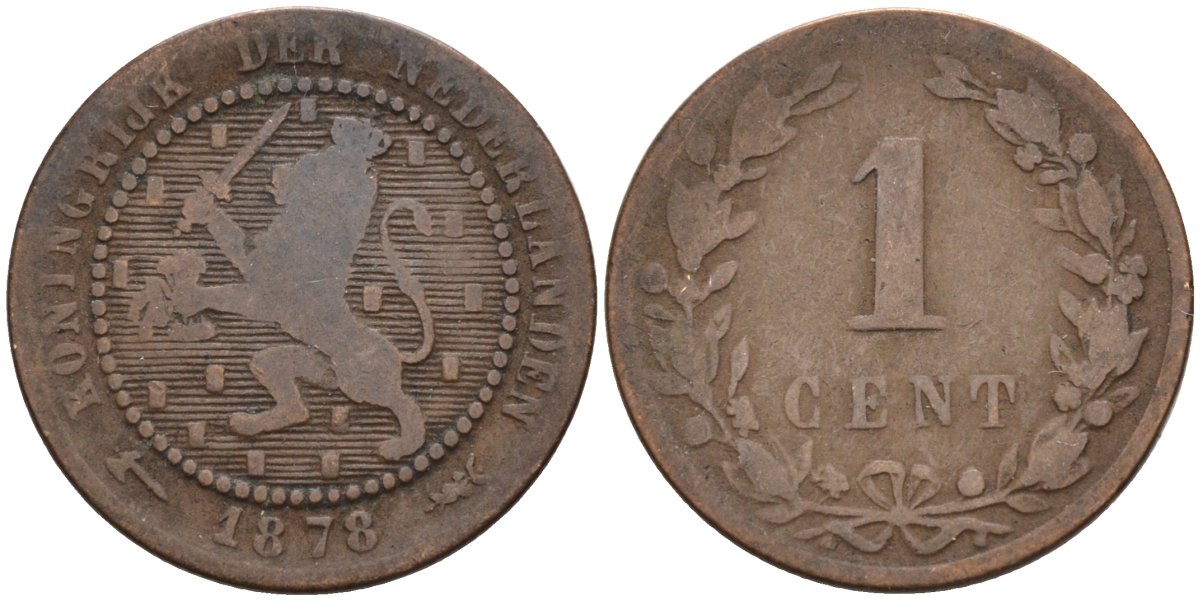 Нидерланды 1 цент 1878 Виллем III (1849-1890) KM 107 бронза 4576-536