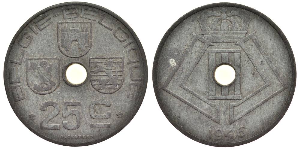 БЕЛЬГИЯ 25 САНТИМОВ 1946 BELGIE-BELGIQUE, ГЕРМАНСКАЯ ОККУПАЦИЯ, ВТОРАЯ МИРОВАЯ ВОЙНА KM 132 цинк 27-947