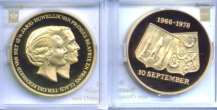 НИДЕРЛАНДЫ МЕДАЛЬ ND (1966-1978) 10 СЕНТЯБРЯ, 12 1/2 ЛЕТ ВМЕСТЕ БЕАТРИКС И КЛАУС бронза, позолота PROOF 5-3-1-100