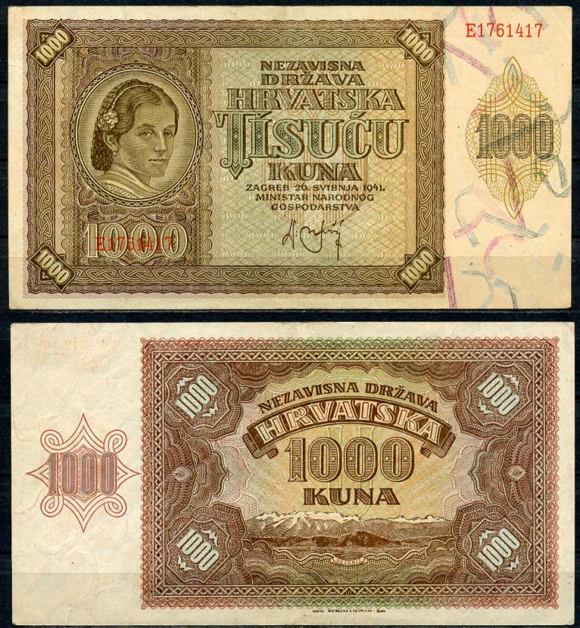 Хорватия 1000 кун 1941 женщина, горы Велебит Pick 4 бумага 8619-1-2-2
