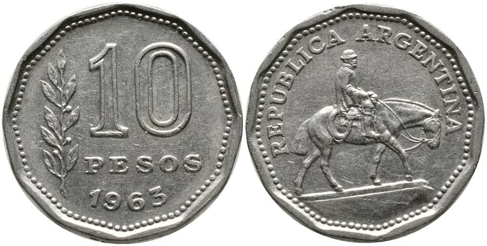 Аргентина 10 песо 1963 Гаучо KM 60 никелированная сталь 4525-941