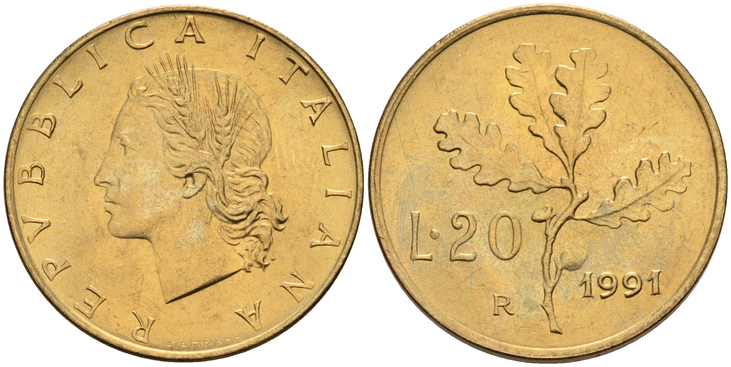 Италия 20 лир 1991 R, дубовый лист KM 97.2 алюминиевая бронза  UNC  4594-812