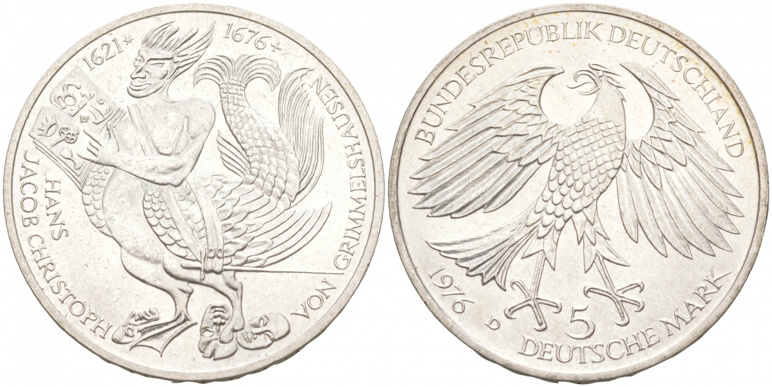 ФРГ 5 марок 1976 D, 300 лет со дня смерти Ганса Якоба Кристоффеля фон Гриммельсгаузена (1622-1676) KM 144, J. 419 серебро 3855-625