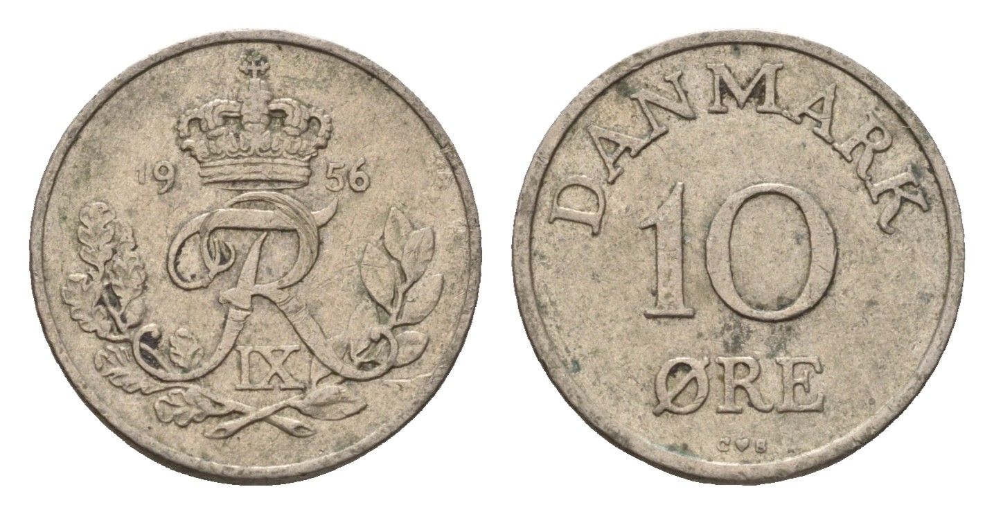Дания 10 эре 1956 N; S, Фредерик IX (1947-1972) KM 841 медно-никель 4611-621
