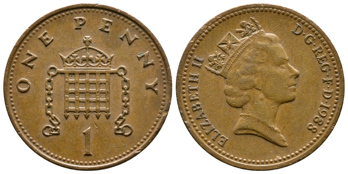 Великобритания 1 пенни 1988 Елизавета II (1952-2022) KM 935, Spink 4381 (B3) бронза 4179-535