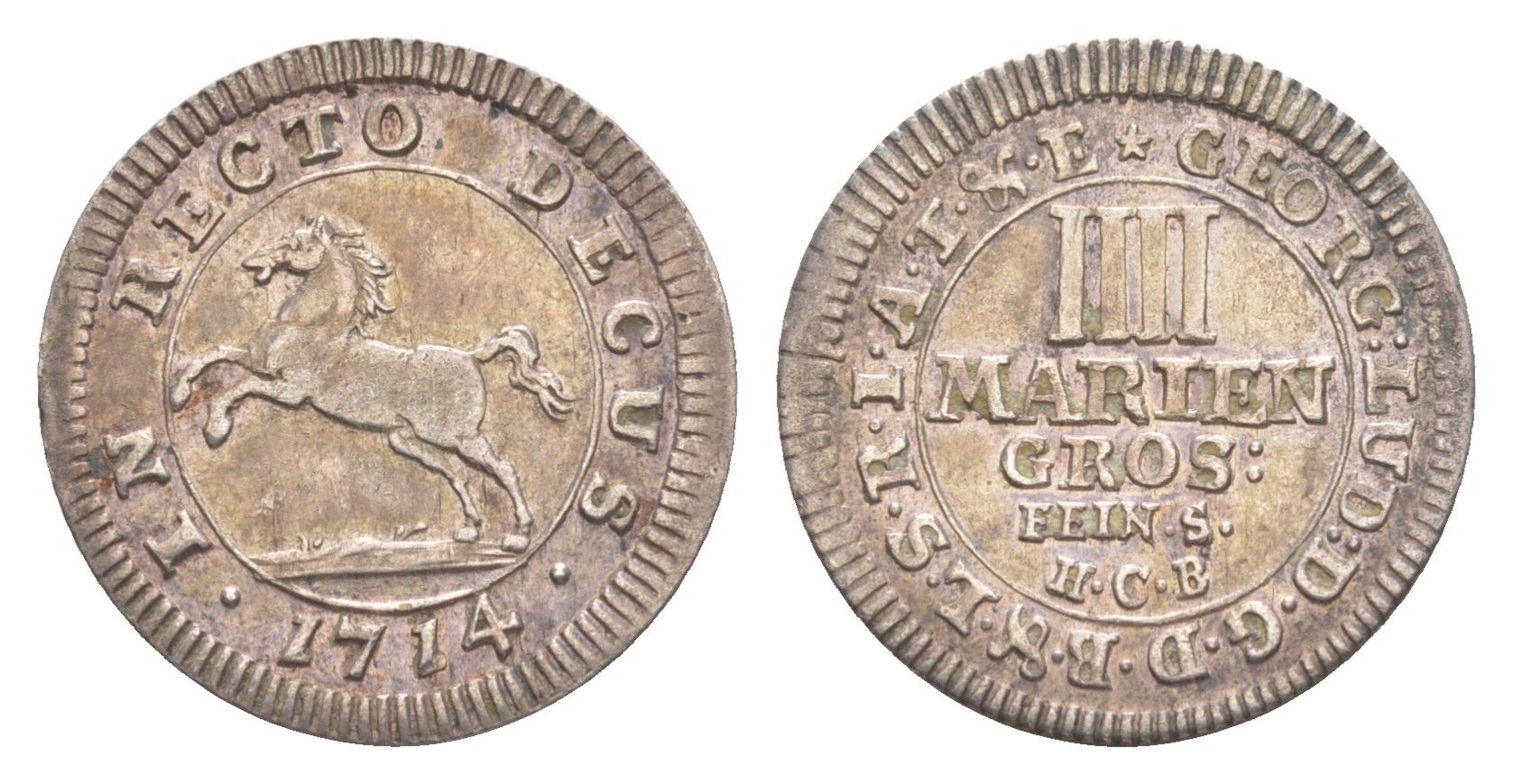 Брауншвейг-Каленберг-Ганновер 4 мариенгроша 1714 HCB, Георг I (1698-1727), из коллекции Ричарда Б. Смита Welter 2197, KM 33 серебро 1525-633