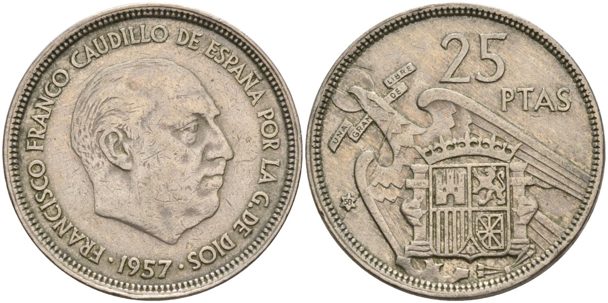 Испания 25 песет 1957 (58) Франсиско Франко (1939 - 1975) KM 787 медно-никель 4149-1023