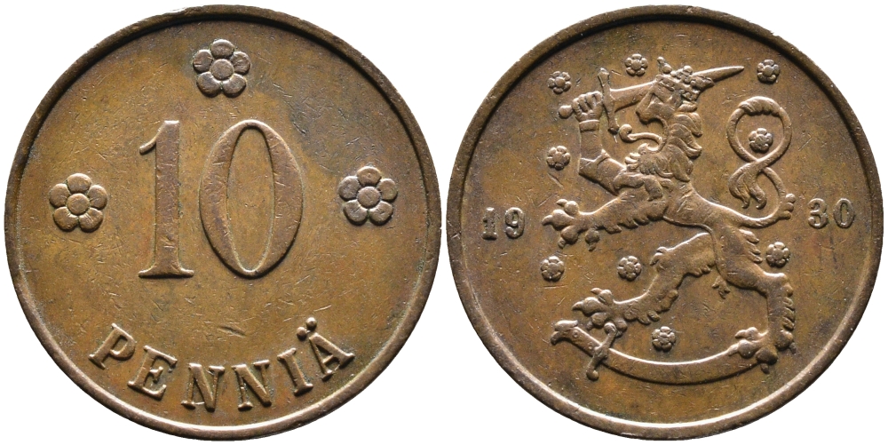 Финляндия 10 пенни 1930 республика (1918-1962) KM 24 медь 4388-854