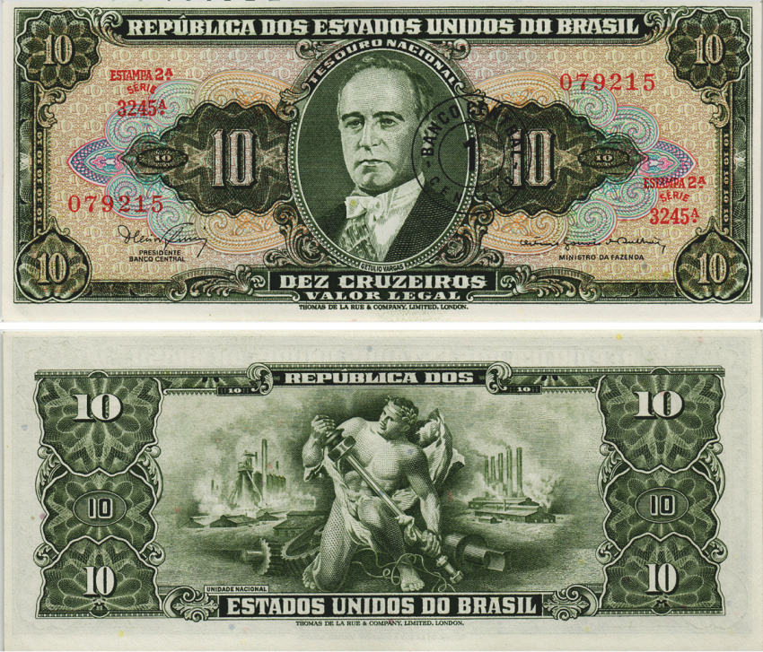 БРАЗИЛИЯ 1 СЕНТАВО 1967 НАДПЕЧАТКА НА 10 КРУЗЕЙРО, СЕРИЯ 3245, ESTAMPA 2A, ЖЕТУЛИУ ВАРГАС Pick 183b бумага UNC (ПРЕСС) 8605-45-1-2