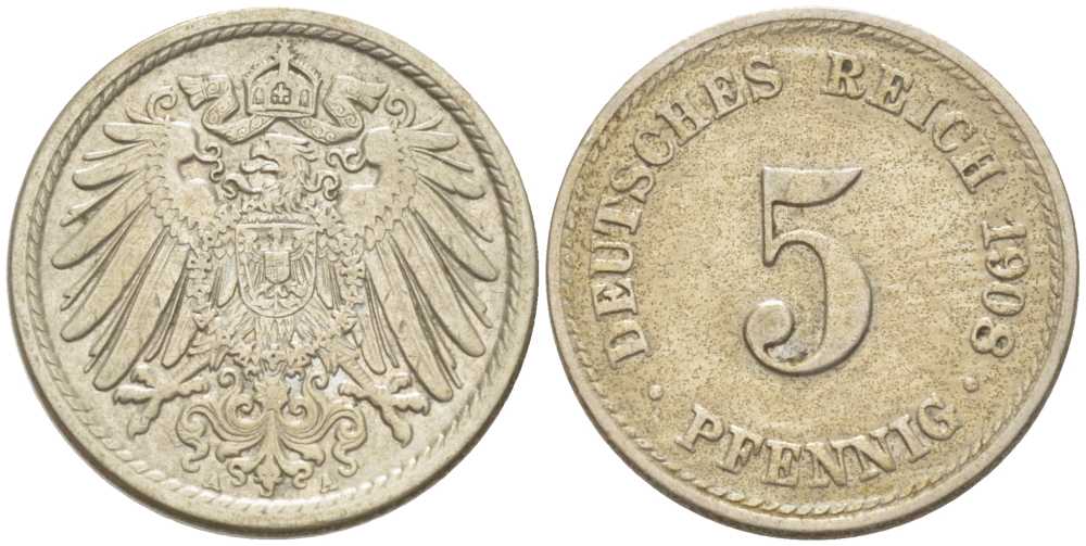 Германия 5 пфеннигов 1908 A KM 11, Jager 12, Weege 6 медно-никель 206-952