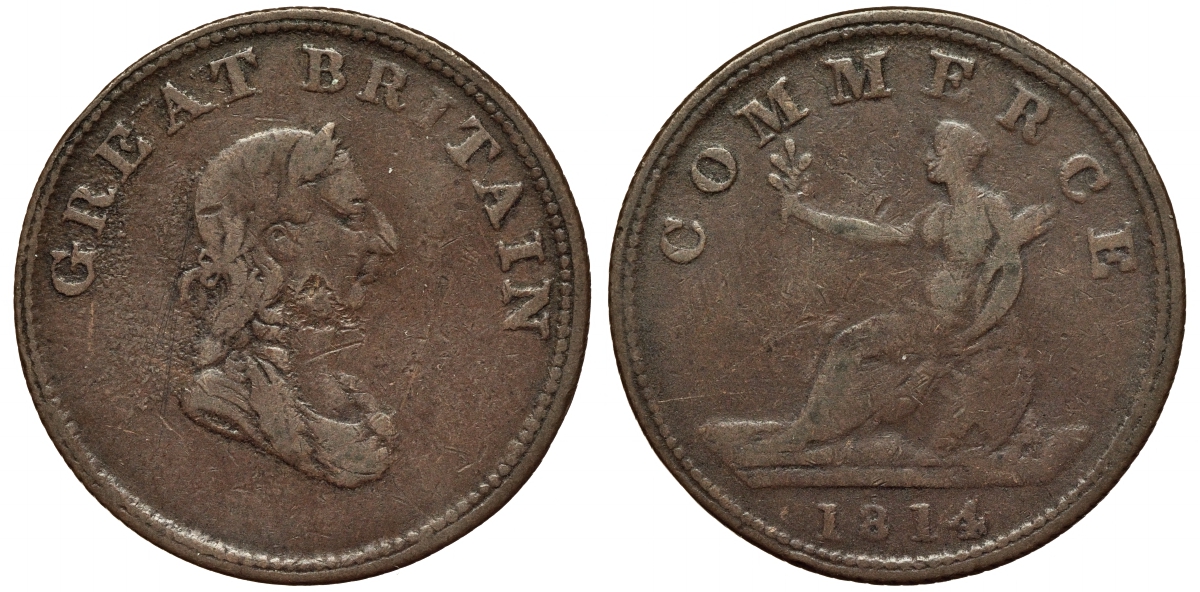 Великобритания 1/2 пенни 1814 не для внутреннего пользования, комерческий токен TC 556952 медь 441-142