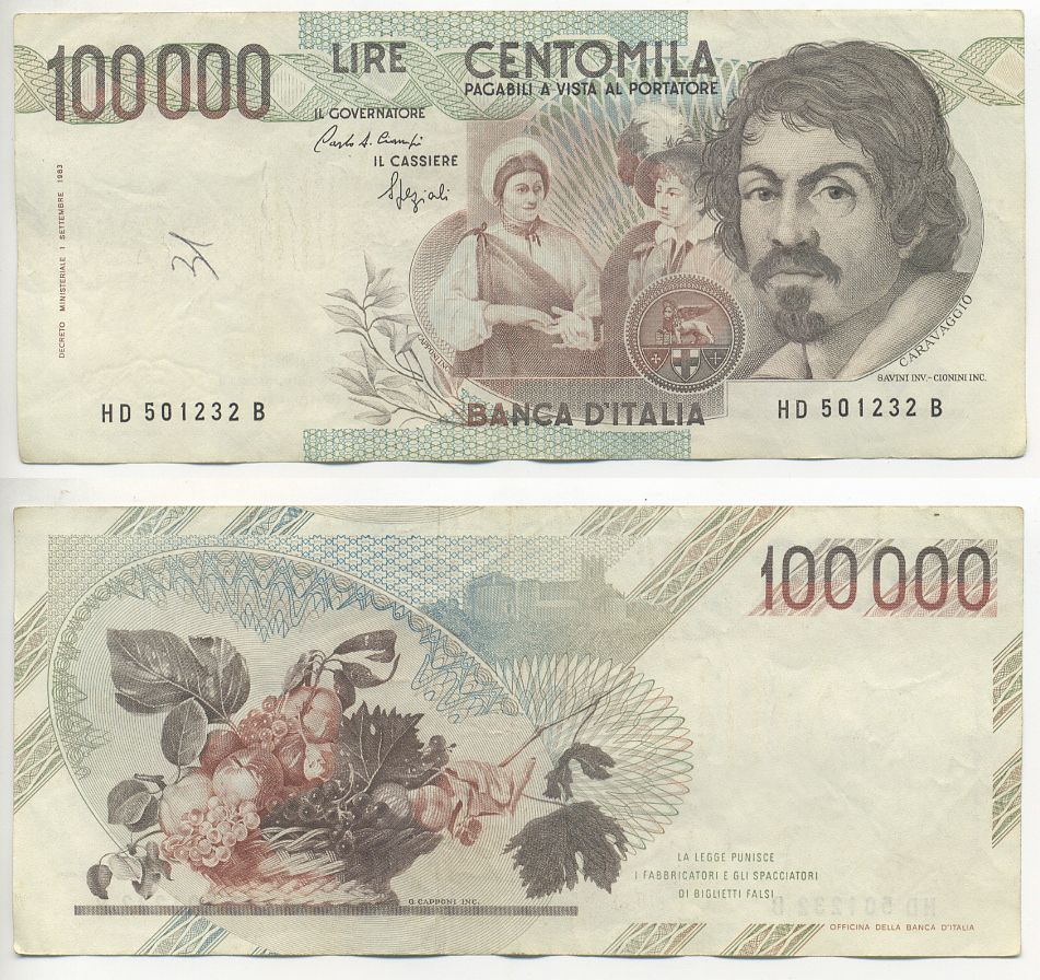Италия 100000 лир 1983 Караваджо, фруктовый букет, подпись Stevani Pick 110а бумага 7220-4-1