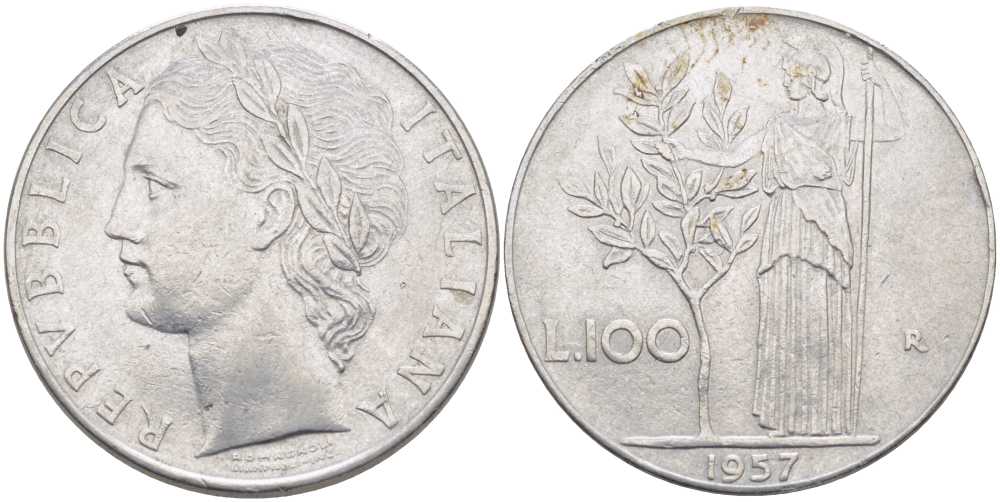ИТАЛИЯ 100 ЛИР 1957 R, АФИНА KM 96.1 нержавеющая сталь 109-723