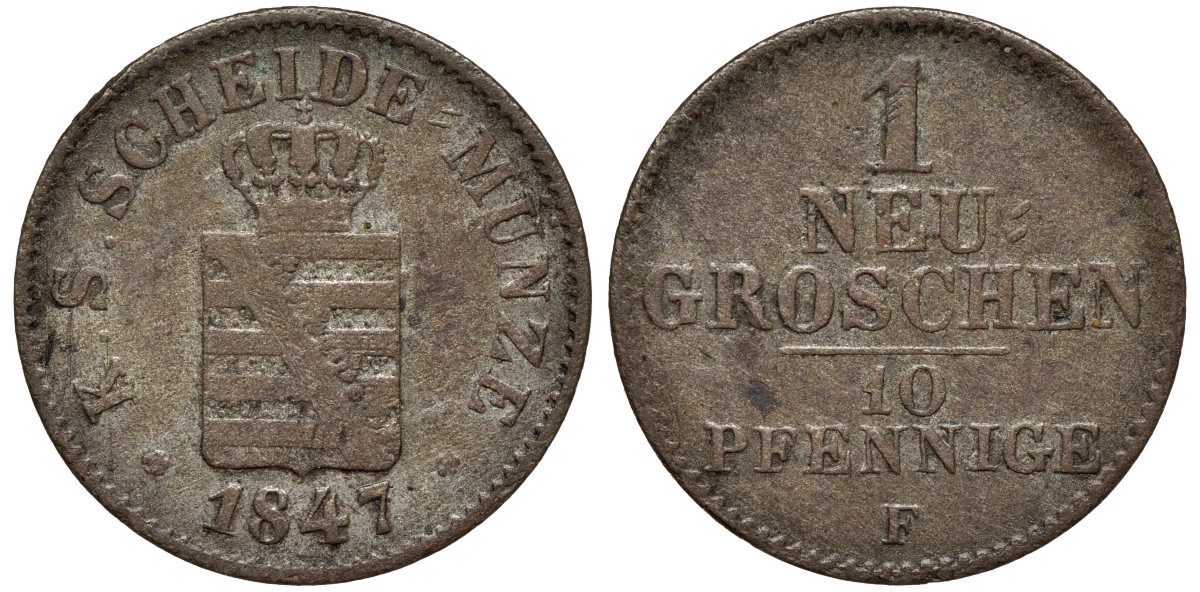 Саксония 1 новый грош - 10 пфеннигов 1847 Фридрих Август II (1797-1854) KM 1159, J. 82 серебро 75-127