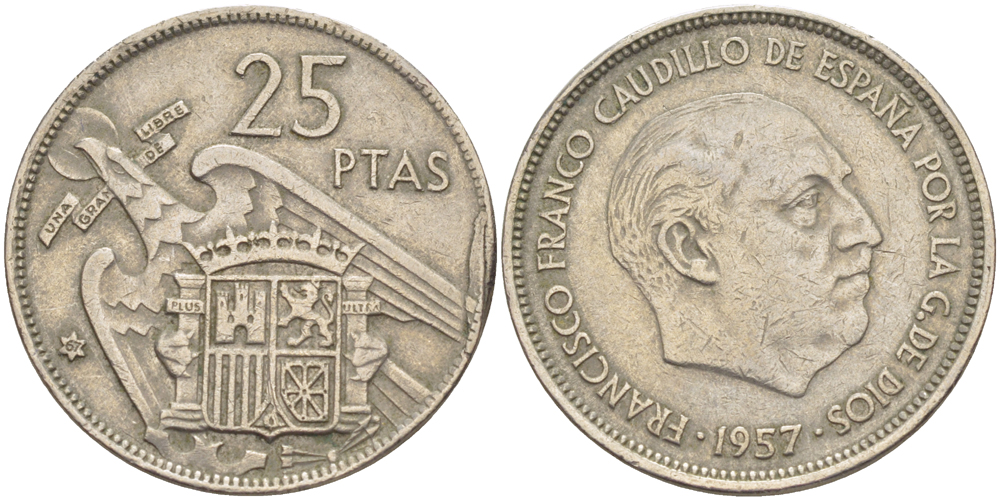 ИСПАНИЯ 25 ПЕСЕТ 1957 (67) ФРАНСИСКО ФРАНКО ДИКТАТОР ИСПАНИИ ( 1939- 1975) KM 787 медно-никель 216-712