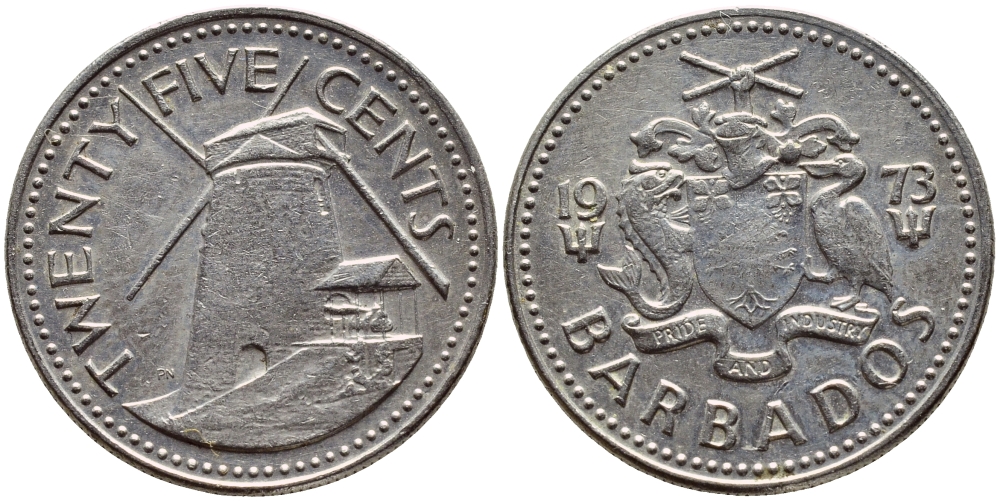 Барбадос 25 центов 1973 ветряная мельница Моргана Льюиса KM 13 медно-никель 4398-335