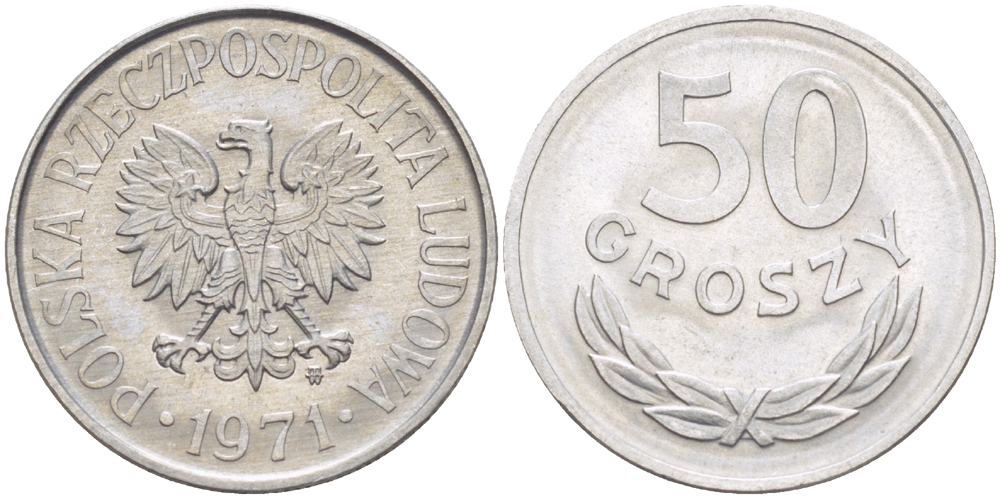 ПОЛЬША 50 ГРОШЕЙ 1971 MW KM 48.1, Parchimowicz 210f алюминий UNC 216-855