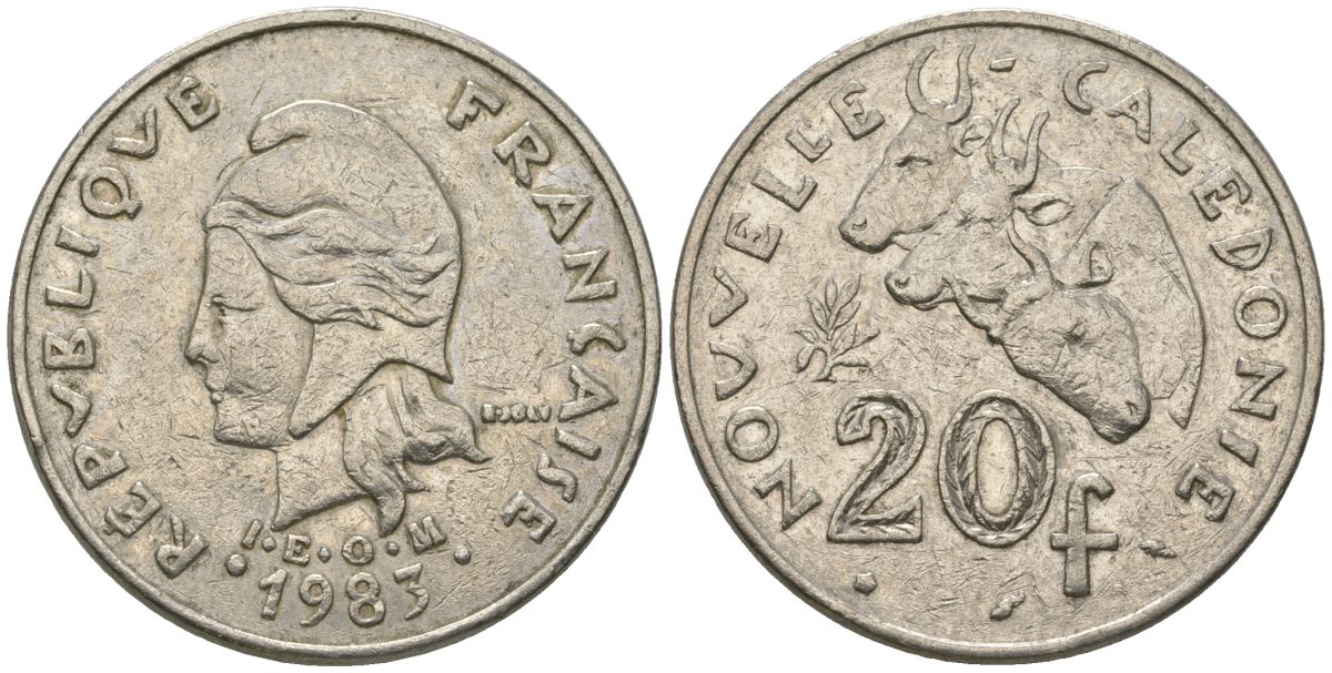 Французская Новая Каледония 20 франков 1983 три быка, (IEOM) KM 12, Schoen 14, Lec 111 никель 4680-216