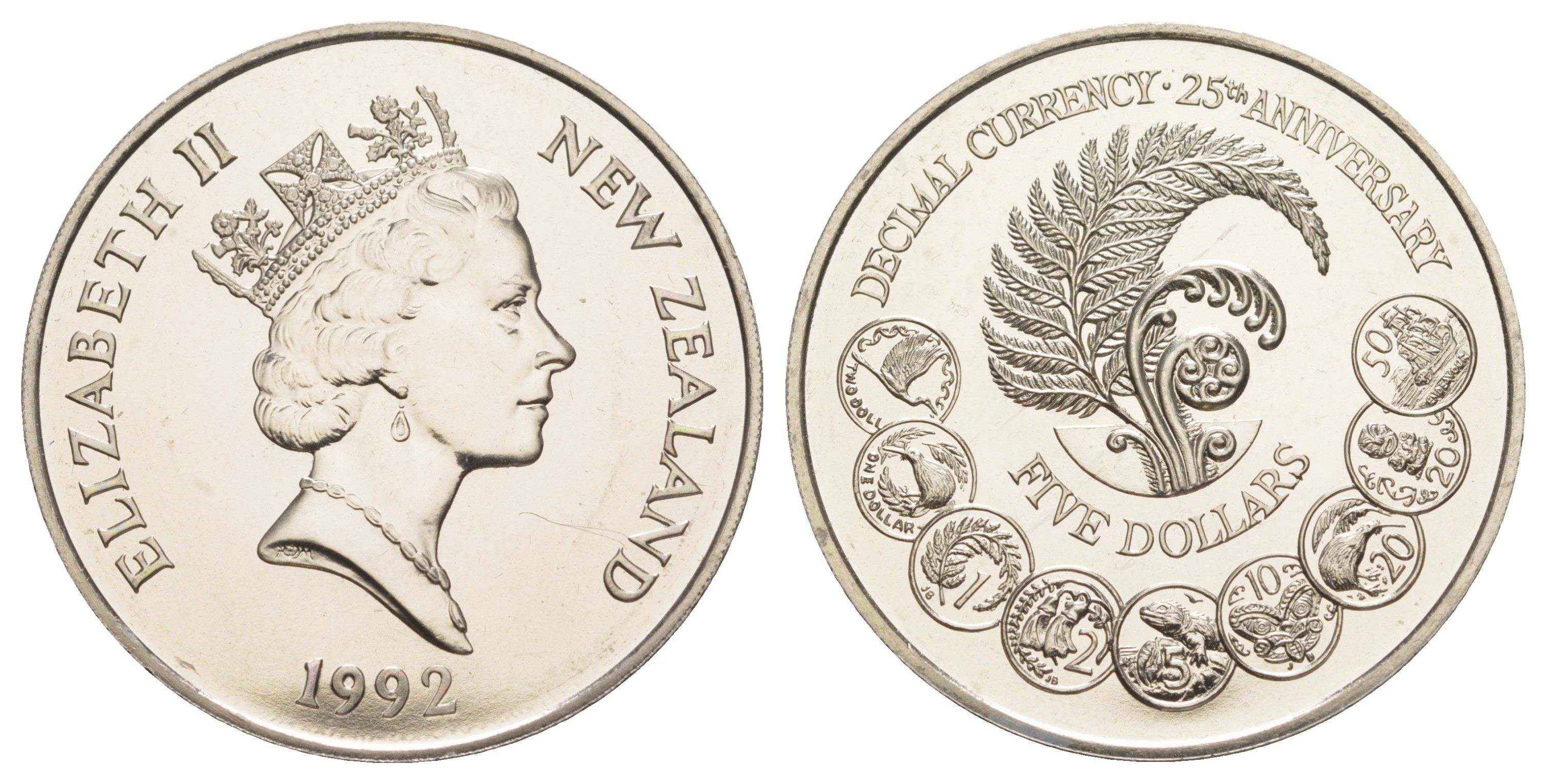 Новая Зеландия 5 долларов 1992 25 лет десятичной системе валюты KM 82 медно-никель BU 1085-8-32