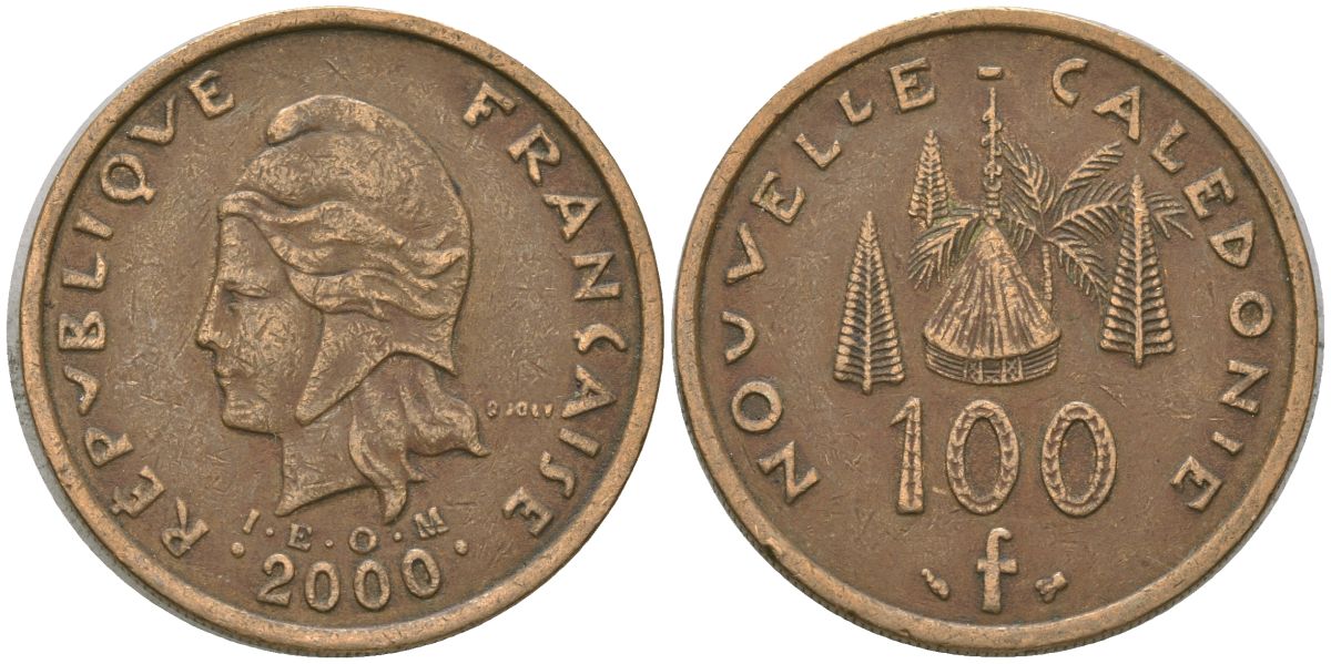 Французская Новая Каледония 100 франков 2000 хижина среди сосен и пальм, (IEOM) KM 15, Schoen 16, Lec 139d никель латунь 4144-713