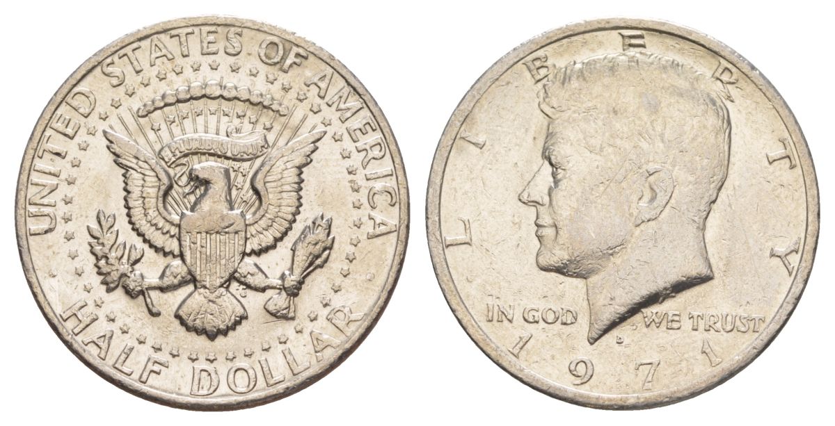 США 1/2 доллара (50 центов) 1971 D, Джон Кеннеди KM 202b медь плакированная медно-никелем aUNC 180-145