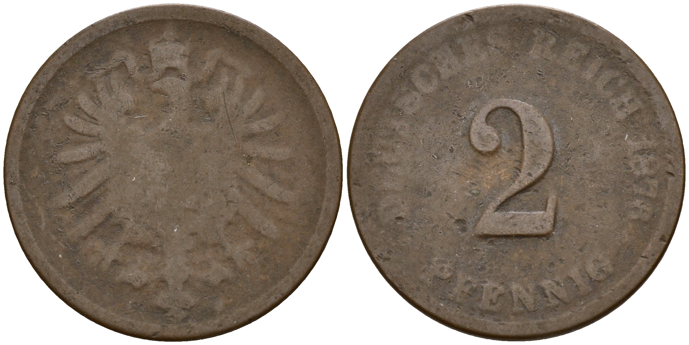 Германия 2 пфеннига 1876 E J.2  KM 2 медь  4598-611