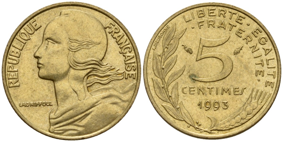 Франция 5 сантимов 1993 KM 933 алюминиевая бронза 4154-1065