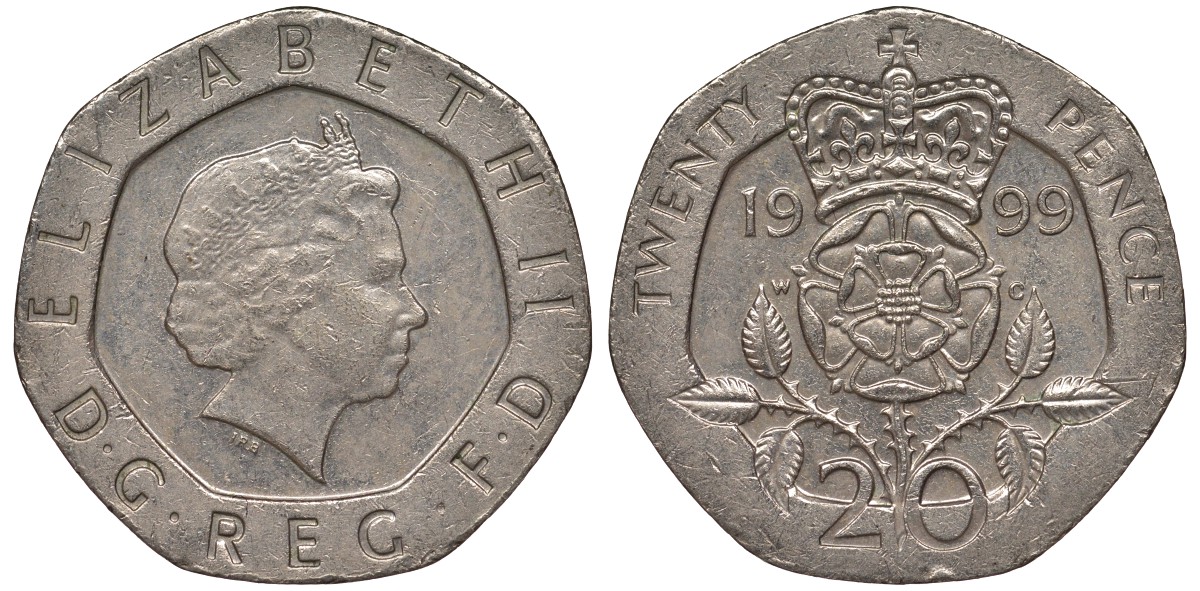 Великобритания 20 пенсов 1999 Елизавета II (1952-2022) KM 990, Spink 4630 (G3) медно-никель 4122-1133