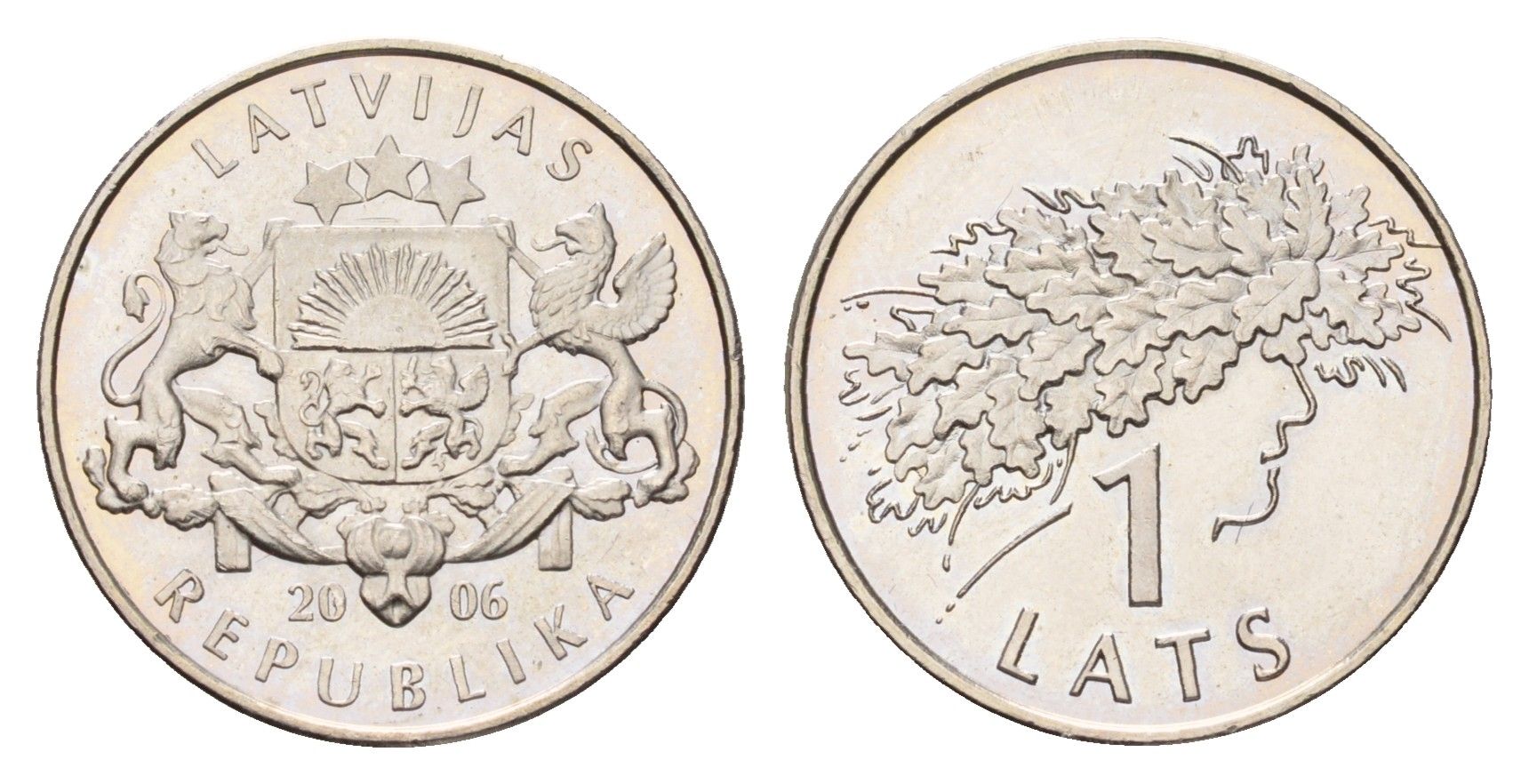Латвия 1 лат 2006 Дубовый венок KM 73 медно-никель UNC 4679-334