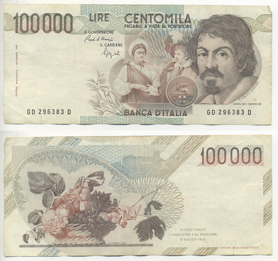 Италия 100000 лир 1983 Караваджо, фруктовый букет, подпись Speziali Pick 110b бумага 7220-9-1