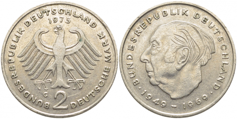 ФРГ 2 МАРКИ 1975 G, ТЕОДОР ХОЙС KM 127, J. 407 медно-никель плакированный никелем 3856-334