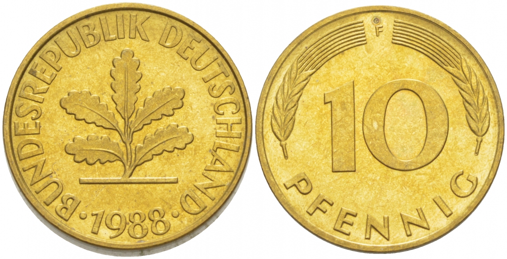 ФРГ 10 ПФЕННИГОВ 1988 F KM 108, J.383 сталь плакированная латунью 3996-714