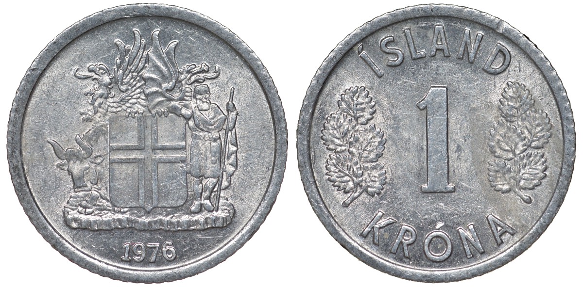 Исландия 1 крона 1976 KM 23 алюминий 4124-459