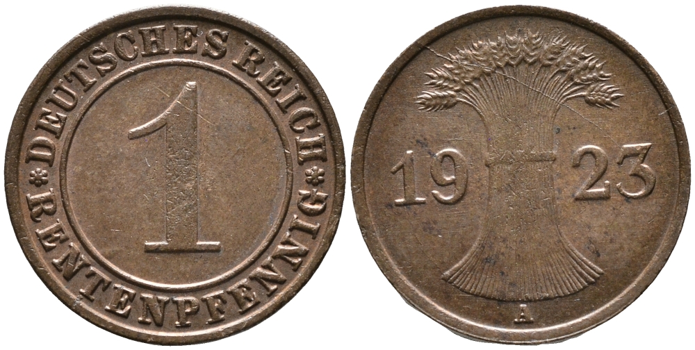 ГЕРМАНИЯ 1 РЕНТЕНПФЕННИГ 1923 A, РАСКОЛ ШТЕМПЕЛЯ KM 30, J. 306 бронза 100-618